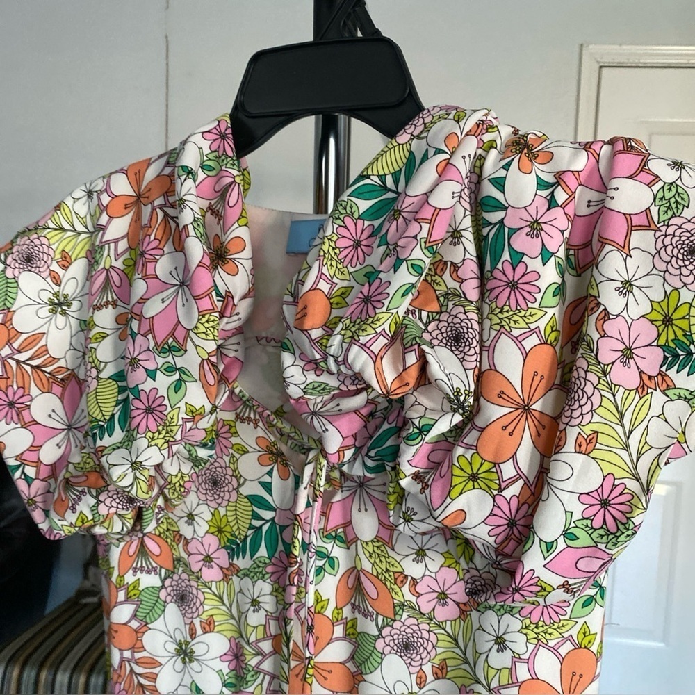 CeCe Floral Printed Lace-Up Tiered Dress S XS Balloon Sleeve Lined boho  W-21 - Picture 5 of 8